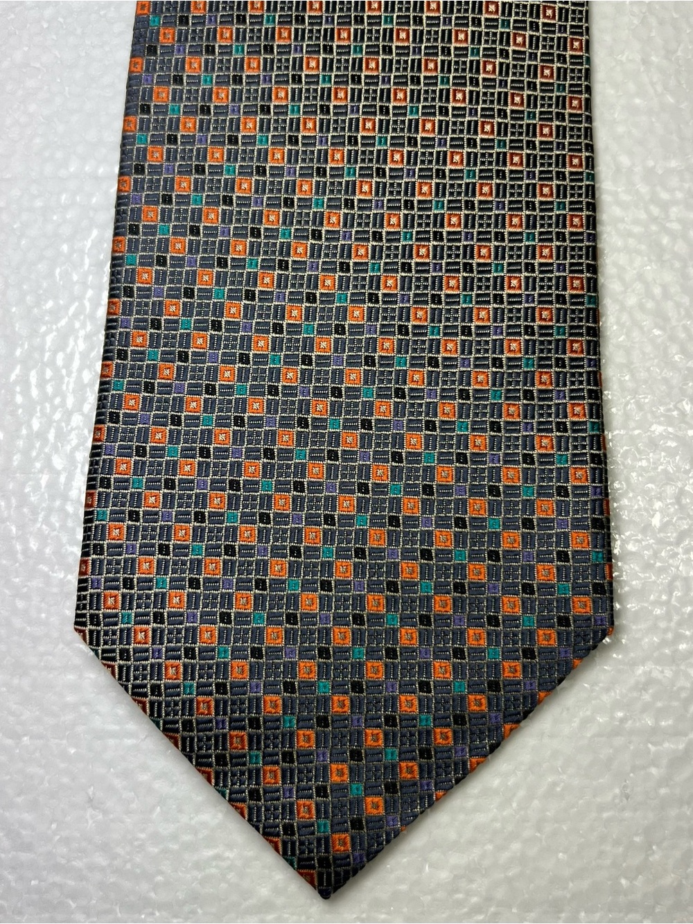 daniel de fasson geometric silk neck tie gray orange teal made in usa